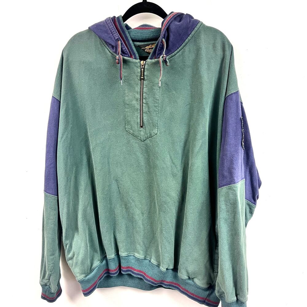 Vintage Men's 1990's Eddie Bauer patchwork hoodie sweatshirt green blue 2xl